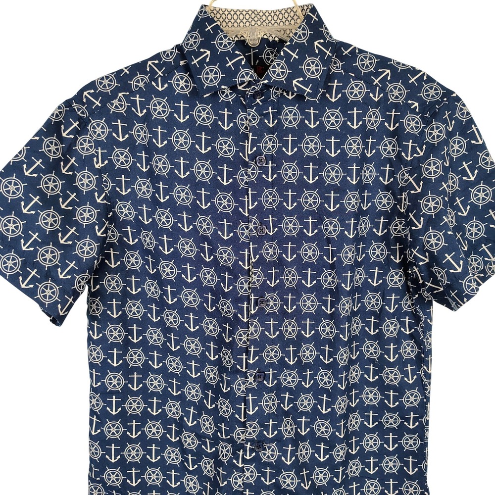 BC Collection Mens XS Anchor Ship Wheel Print Shirt Navy Blue Nautical‎ Coastal